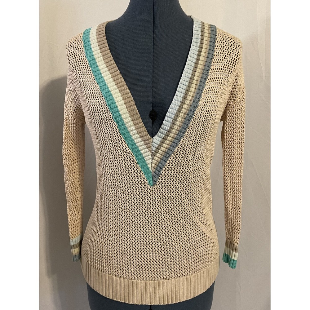 Anthropologie Kerisma Beige V Neck Oversized Tennis Varsity Sweater Preppy M
